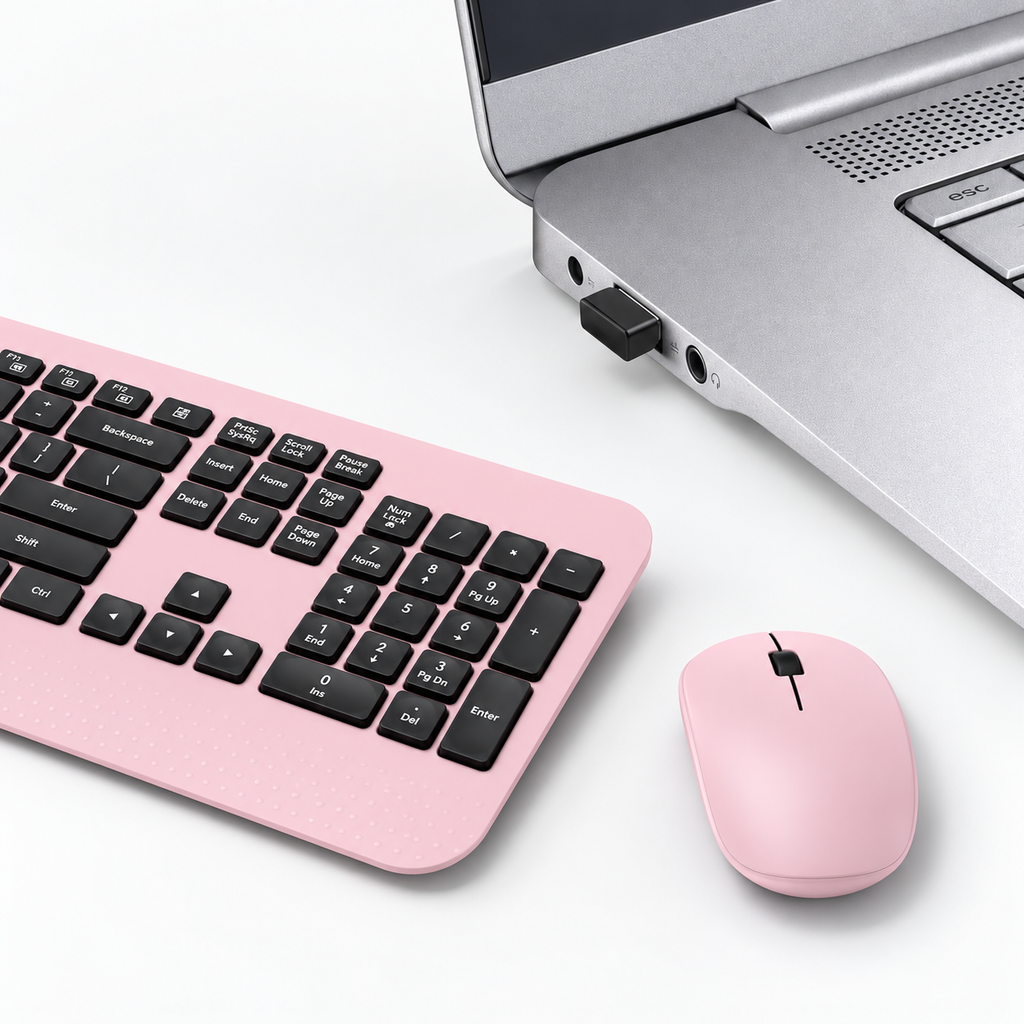 Pink Black Ergonomic Wireless Keyboard And Mouse Combo With Single Usb Receiver
