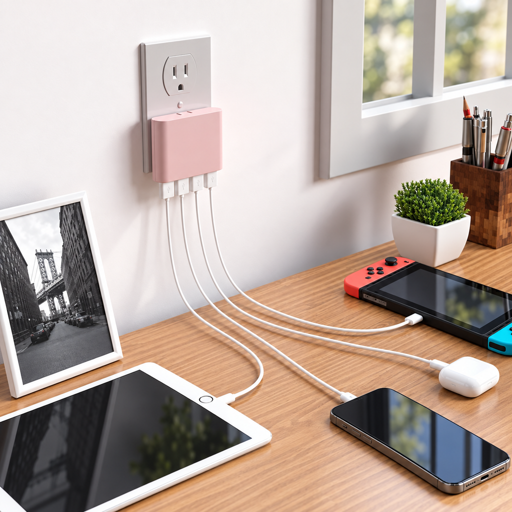 Pink Slim 4-Port Usb Wall Charger With Foldable Prongs For Home And Travel